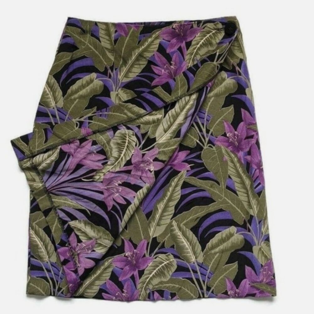 Vintage Hawaiian Wrap Skirt 4 Purple Black Green Floral Beach Resort Tropical